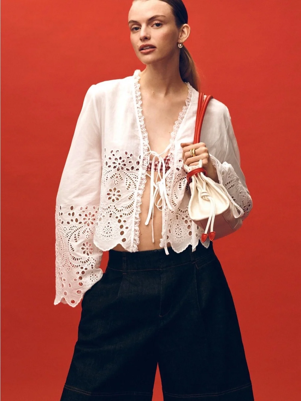 By Anthropologie Eyelet Tie-Front Long-Sleeve Blouse